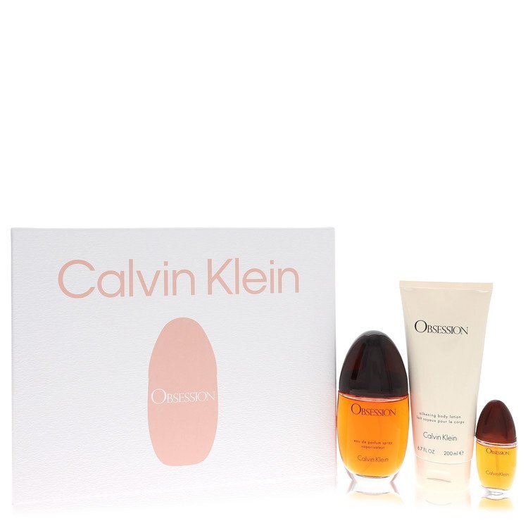 Obsession by Calvin Klein Gift Set -- 3.4 oz Eau De Parfum Spray + 6.7 oz Body Lotion + .5 oz Mini EDP Spray (Women)